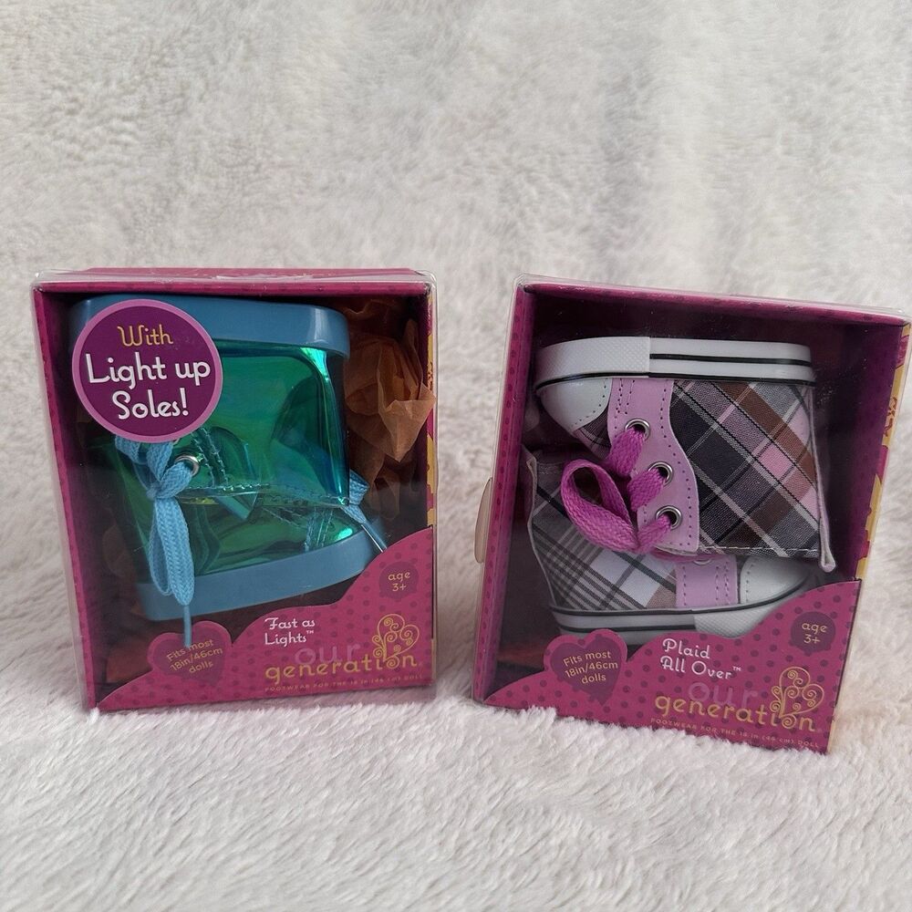 OG Our Generation Fast As Lights Light-up Soles and Plaid 18" Doll Shoes